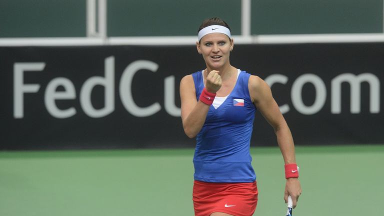 Czech Republic's Lucie Safarova celebrates after defeating Italy's Sara Errani in the Fed Cup semi-finals