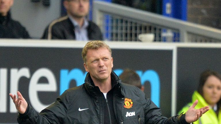 Manchester United manager David Moyes gestures during the Premier League match at Everton