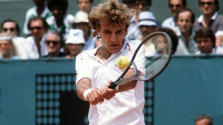 Swede's Mats Wilander hits a double backhand to Argentine Guillermo Vilas during the final of the French Tennis Open