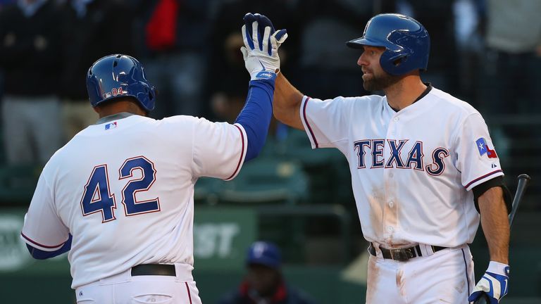 Prince Fielder (left) of the Texas Rangers celebrates his home run with team-mate Kevin Kouzmanoff