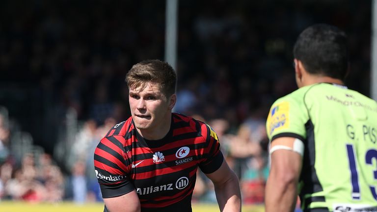 Owen Farrell of Saracens moves forward with the ball during the Aviva Premiership match against Northampton