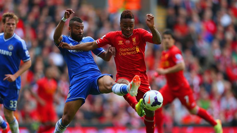LIVERPOOL, ENGLAND - APRIL 27:  Ashley Cole of Chelsea and Raheem Sterling of Liverpool battle for the ball during the Barclays Premier League match betwee