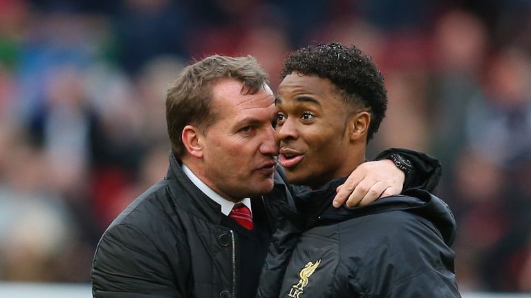 MANCHESTER, ENGLAND - MARCH 16:  Liverpool Manager Brendan Rodgers congratulates Raheem Sterling at the end of the Barclays Premier League match between Ma