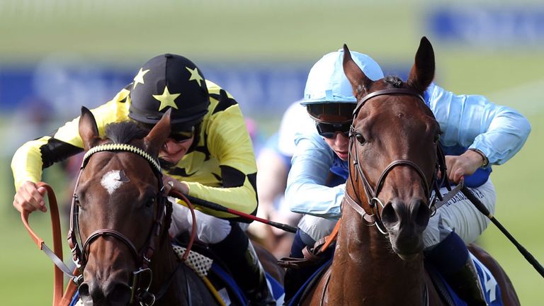 Miss France ridden by Mickael Barzalona (right) beats Lightning Thunder ridden by Harry Bentley to win the Aqlaam Oh So Sharp Stakes