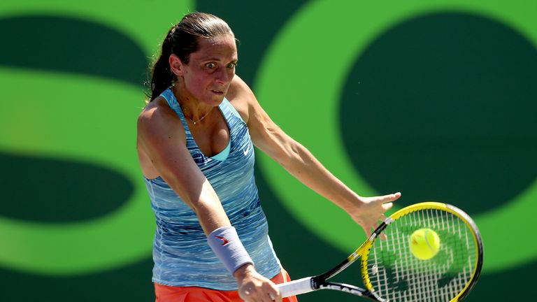 Roberta Vinci of Italy returns a shot to Barbora Zahlavova Strycova of Czech Republic returns during the Sony Open 