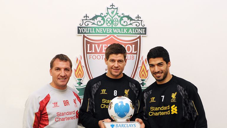 Brendan Rodgers, Steven Gerrard and Luis Suarez with their March awards