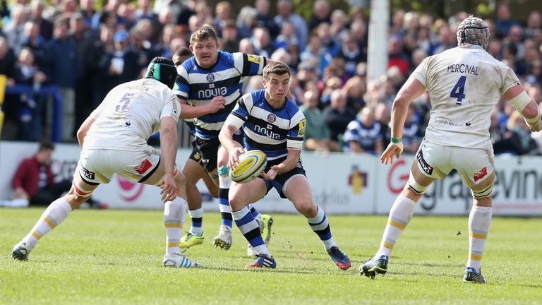 George Ford of Bath runs with the ball during the Aviva Premiership match against Worcester Warriors. April 19 2014.