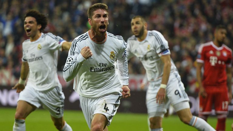 Real Madrid's defender Sergio Ramos celebrates after scoring against Bayern Munich