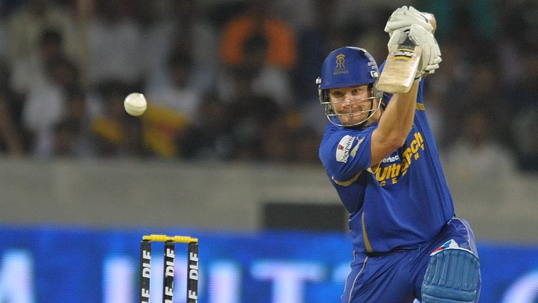Rajasthan Royals batsman Shane Watson plays a shot during the IPL Twenty20 cricket match between Deccan Chargers and Rajasthan Royals  at Rajiv Gandhi Inte