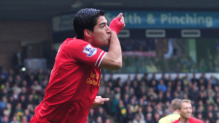 Liverpool's Uruguayan striker Luis Suarez celebrates his goal against Norwich.