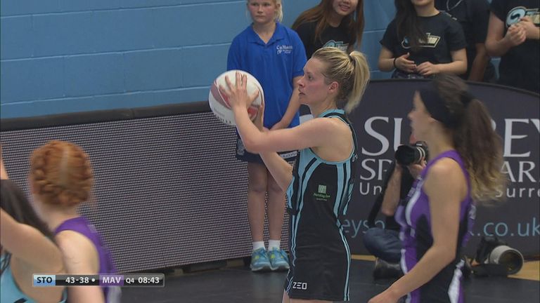 Tamsin Greenway, Surrey Storm player/coach, in action as her side beat Hertfordshire Mavericks to reach the ZEO Netball Superleague final