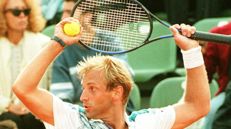 Austrian Thomas Muster celebrates after winning his match against Andre Agassi of the US 25 May 1994,