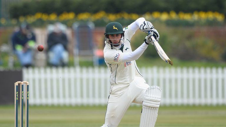 DERBY, ENGLAND - APRIL 25: Alex Hales of Nottinghamshire hits out to the boundary during day two of the LV County Championship division one match between D
