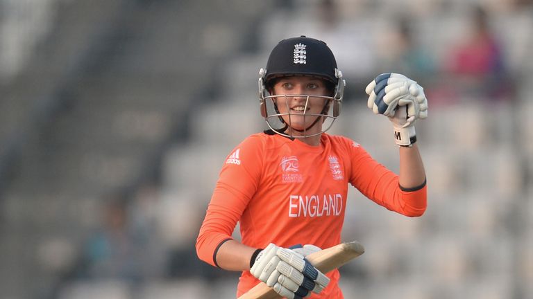 Sarah Taylor of England celebrates hitting the winning runs to beat South Africa in the ICC Women's World Twenty20 semi-final
