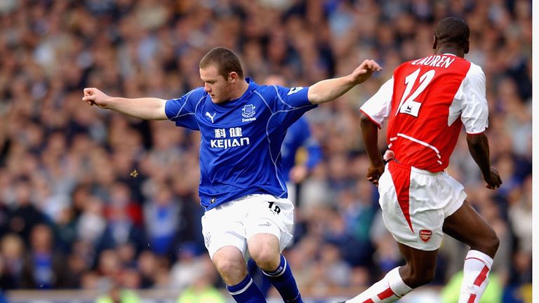 Wayne Rooney of Everton holds off Lauren of Arsenal at Goodison Park in 2002