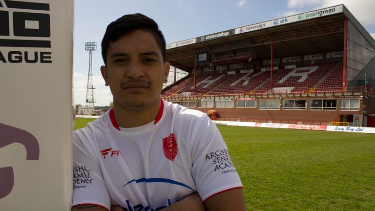 New signing Wayne Ulugia poses in his Hull KR shirt at Craven Park after joining the Super League club