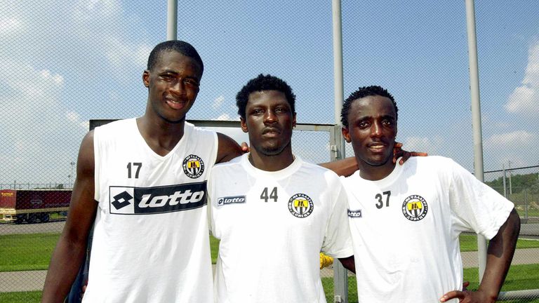 Ivorians Arsene Ne, Igor Lolo and Yaya Toure, former players of Beveren, pictured during a training session at their new club, Metalurh Donetsk in Ukraine