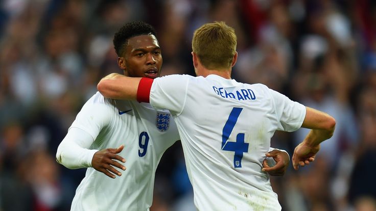 LONDON, ENGLAND - MAY 30:  Steven Gerrard of England congratulates Daniel Sturridge of England on scoring the opening goal during the international friendl