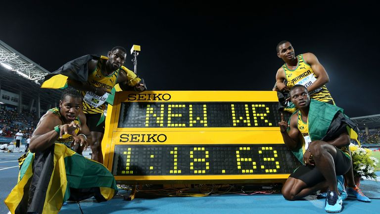 Jamaica&#39;s men posted a new world record in the 4x200 metres in Nassau