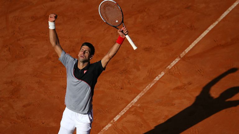 - Novak Djokovic of Serbia celebrates defeating Milos Raonic of Canada during day seven of the Internazionali BNL dItalia tennis 2014 on May 17, 2014 in Rome, Italy