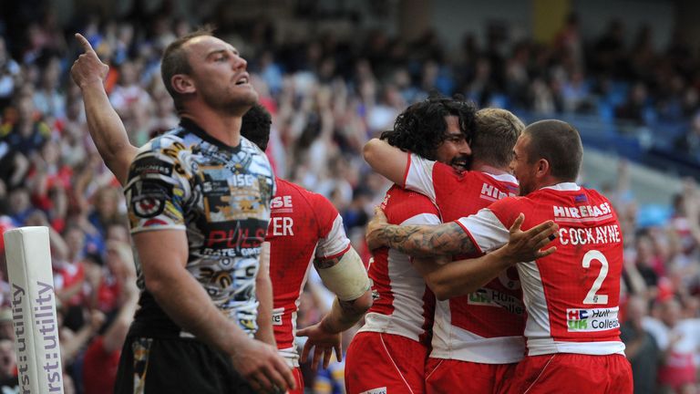 Hull KR winger Ade Gardner celebrates with team-mates after scoring a try during the Magic Weekend match against Hull FC in Manchester