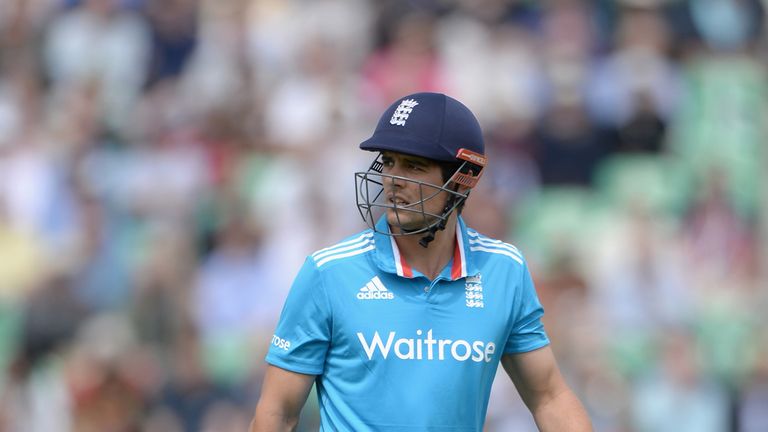 England captain Alastair Cook leaves the field after been dismissed by Nuwan Kulasekara of Sri Lanka during the 1st ODI
