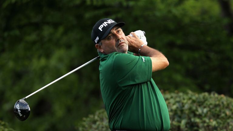 Angel Cabrera of Argentina hits his tee shot on the 5th hole during the first round of the Wells Fargo Championship at Quail Hollow