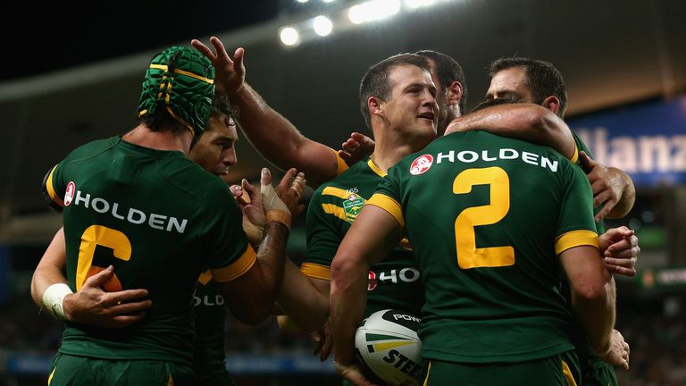 Brett Morris of Australian celebrates scoring a try during the ANZAC Test