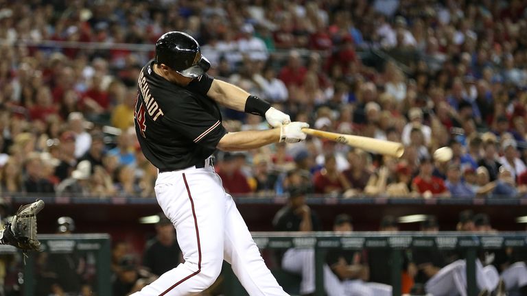 Paul Goldschmidt #44 of the Arizona Diamondbacks hits a RBI double against the Los Angeles Dodgers during the second inning