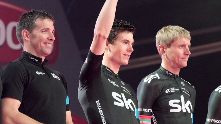 Team Sky's Ben Swift, Kanstantsin Siutsou, Salvatore Puccio and Chris Sutton during the team presentations at Donegall Square, Belfast, Northern Ireland.