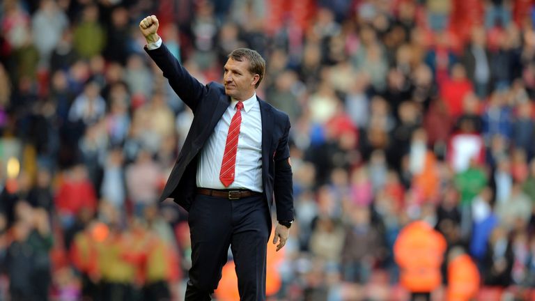 Liverpool manager Brendan Rodgers applauds the supporters after the win over Newcastle