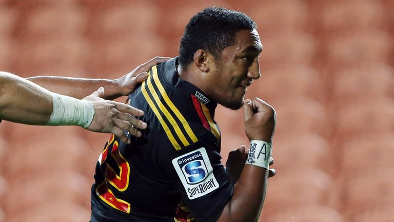Bundee Aki of the Waikato Chiefs celebrates his try against the Golden Lions during their Super 15 rugby match at Waikato Stadium in Hamilton
