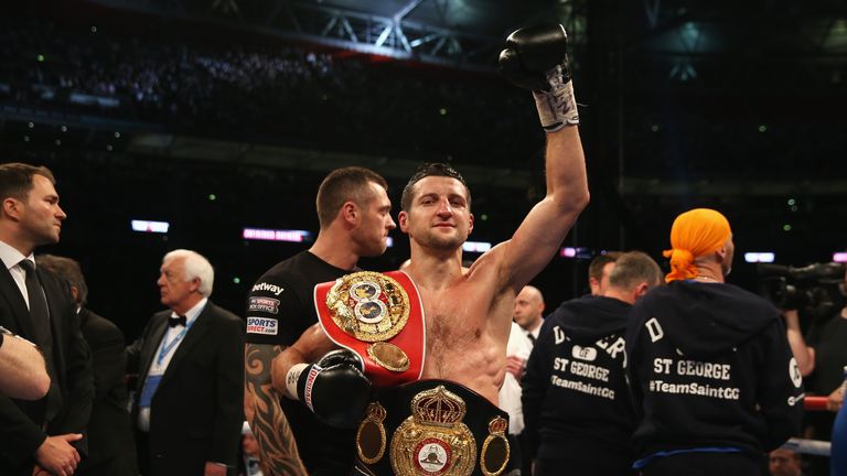 Carl Froch celebrates his victory against George Groves  at Wembley.
