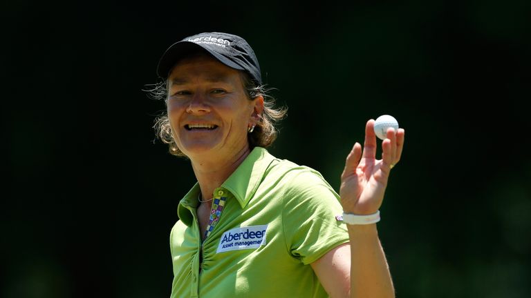 Catriona Matthew of Scotland reacts after her par putt on the ninth green during round one of the Airbus LPGA Classic