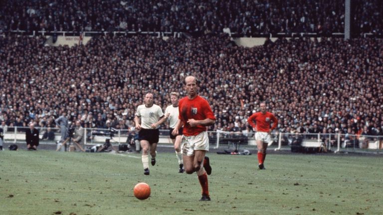 30th July 1966:  Bobby Charlton with the ball during the 1966 World Cup Final against West Germany at Wembley Stadium. England won 4-2.  (Photo by Fox Phot