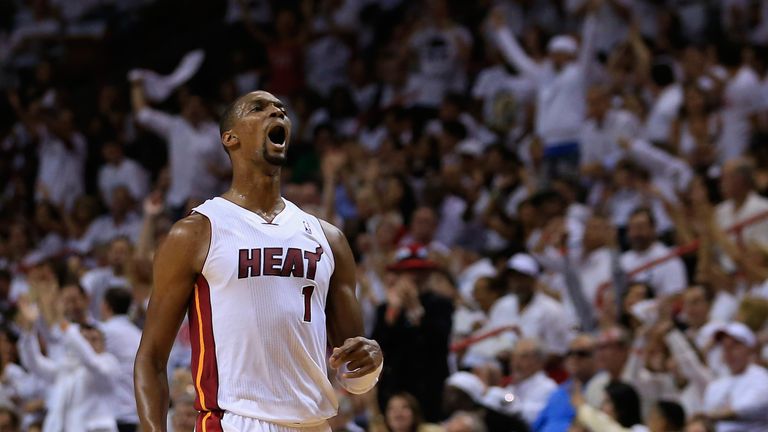 Chris Bosh #1 of the Miami reacts after scoring against the Brooklyn Nets during Game Two of the Eastern Conference semi-finals 