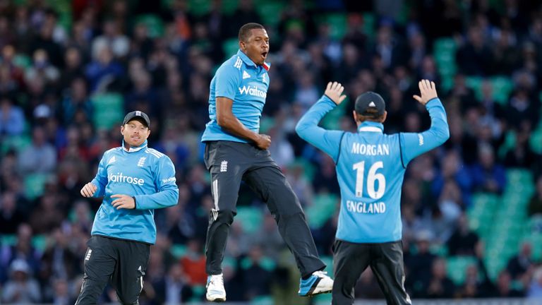 Chris Jordan celebrates taking the wicket of Dinesh Chandimal during the first ODI between England and Sri Lanka