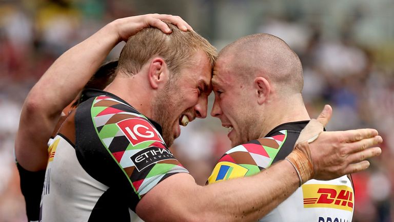 Chris Robshaw and Mike Brown: Celebrated the England full-back's try