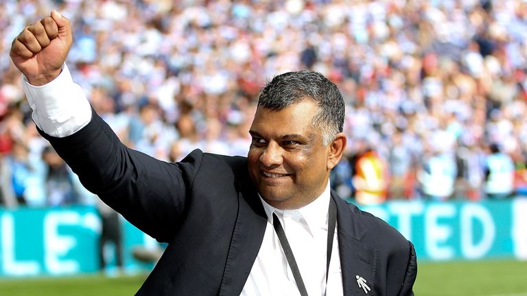LONDON, ENGLAND - MAY 24:  QPR owner Tony Fernandes celebrates after his team won the Sky Bet Championship Playoff Final match between Derby County and Que