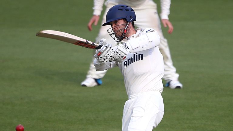 LONDON, ENGLAND - APRIL 21: James Foster of Essex hits out during day two of the LV County Championship match between Surrey and Essex at The Kia Oval Cric