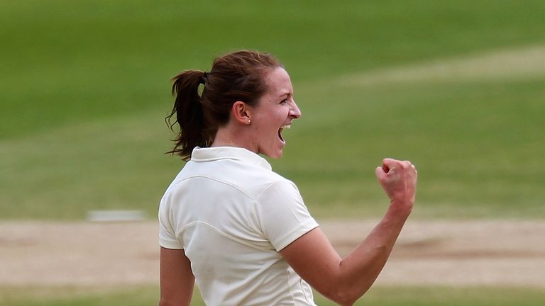 LONDON, ENGLAND - MAY 19:  Kate Cross of MCC celebrates taking a wicket during the MCC Women v Rest of the World Women match at Lord's Cricket Ground on Ma