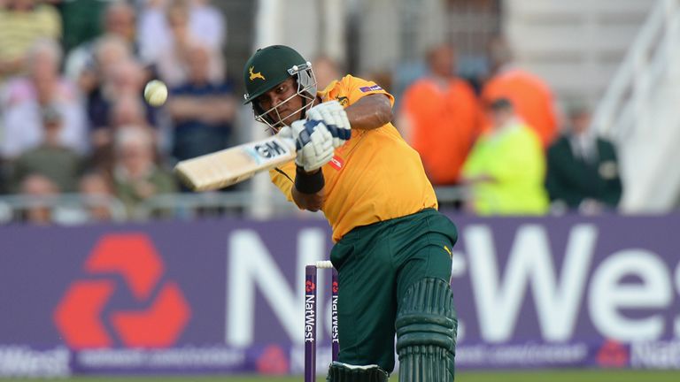 NOTTINGHAM, ENGLAND - MAY 16:  Samit Patel of Nottinghamshire Outlaws hits out during the NatWest T20 Blast match between Nottinghamshire Outlaws and Lanca