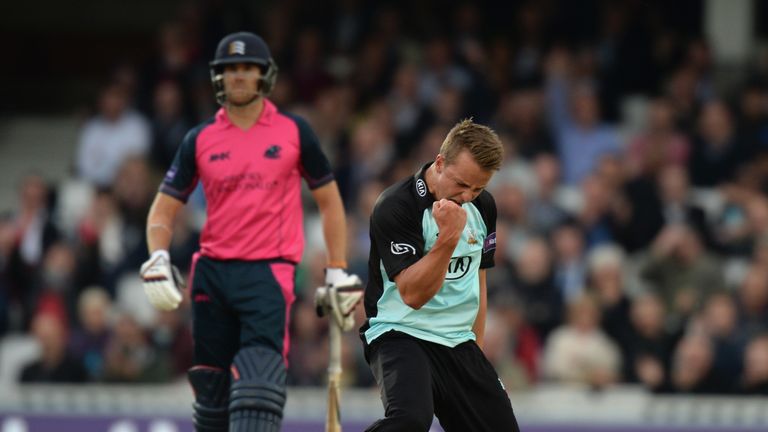 LONDON, ENGLAND - MAY 30:  Tom Curran of Surrey celebrates trapping Dan Christian of Middlesex Panthers LBW during the NatWest T20 Blast match between Surr