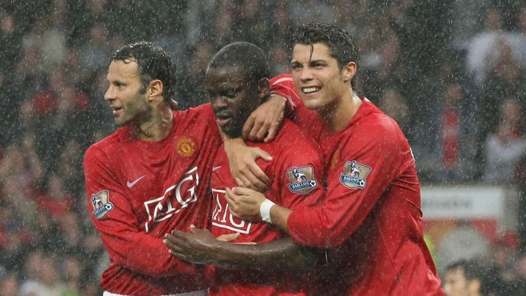Louis Saha of Manchester United celebrates with Ryan Giggs and Cristiano Ronaldo