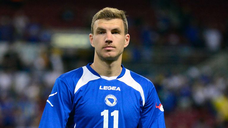 Edin Dzeko #11 of the Bosnia-Herzegovina is introduced before a friendly match against the Ivory Coast at Edward Jones Dome on May 