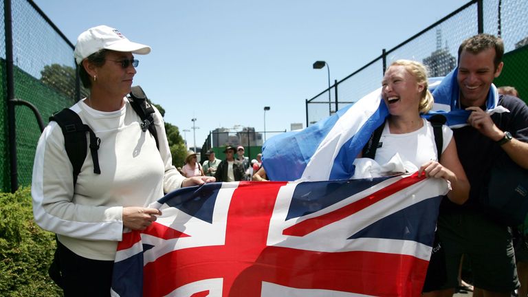 JANUARY 17 2005: Elena Baltacha of Great Britain celebrates winning her match against Katarina Srebotnik of Solvakia during day one of the Australian Open