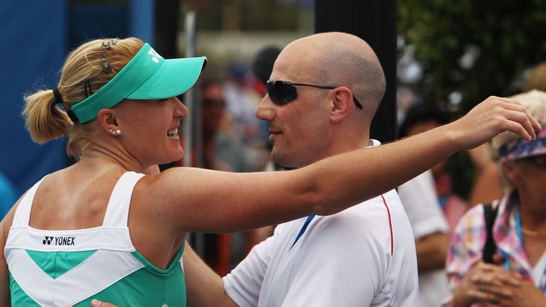 JANUARY 20 2010:  Elena Baltacha is congratulated by her coach Nino Severino after winning her second round match against Kateryna Bondarenko
