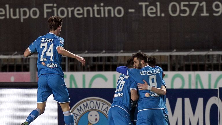 Players of Empoli FC celebrates after scoring a goal Francesco Tavano during the Serie B match between Empoli FC and US Citta 