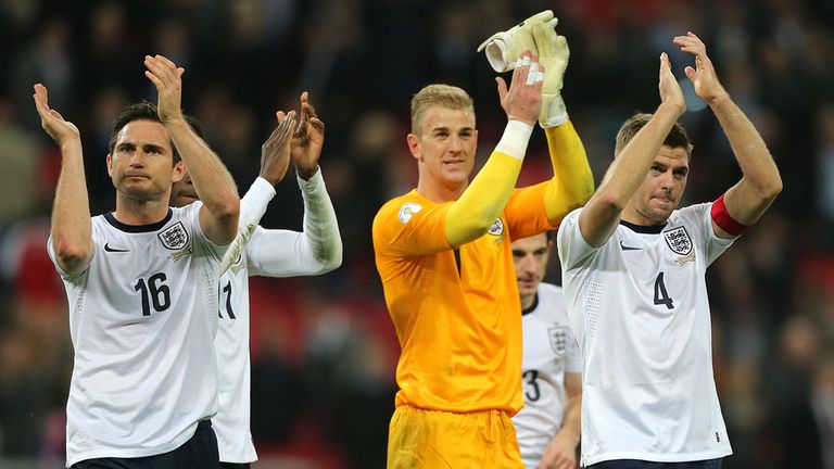 (left to right) England's Frank Lampard, goalkeeper Joe Hart and Steven Gerrard celebrate victory after the final whistle