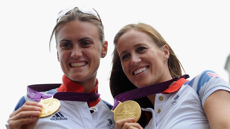 LONDON, ENGLAND - SEPTEMBER 10:  British Olympic gold medal winning rowers Helen Glover and Heather Stanning during the London 2012 Victory Parade for Team